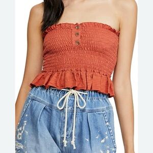 We The Free rust smocked ruffled tube top small